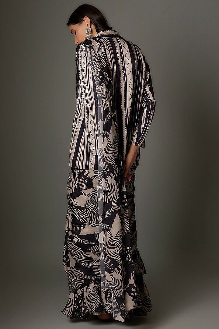 Black Georgette Zebra Printed Draped Jacket Party Wear Saree Set by Saangi at Pernia's Pop Up Shop