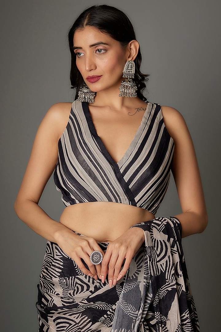 Black Georgette Zebra Printed Draped Jacket Party Wear Saree Set by Saangi at Pernia's Pop Up Shop