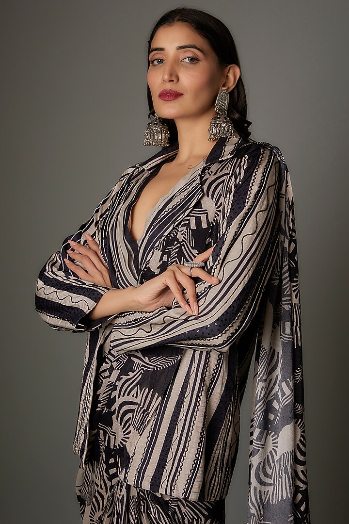 Black Georgette Zebra Printed Draped Jacket Party Wear Saree Set by Saangi at Pernia's Pop Up Shop