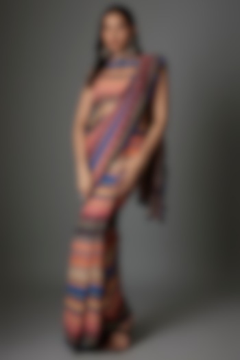Multi-Colored Georgette Striped Saree Set by Saangi