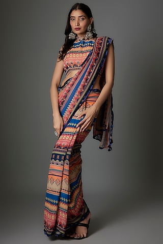 Multi-Colored Georgette Striped Saree Set by Saangi
