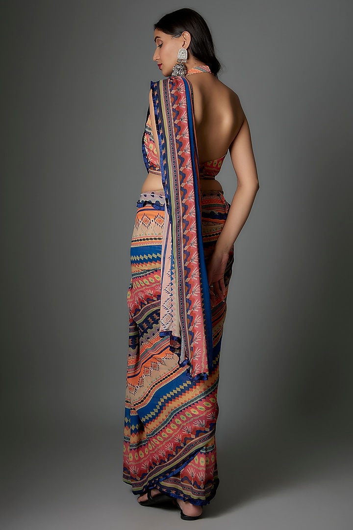 Multi-Colored Georgette Striped Party Wear Saree Set by Saangi at Pernia's Pop Up Shop