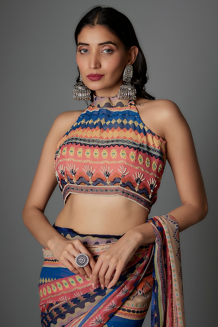 Multi-Colored Georgette Striped Party Wear Saree Set by Saangi at Pernia's Pop Up Shop