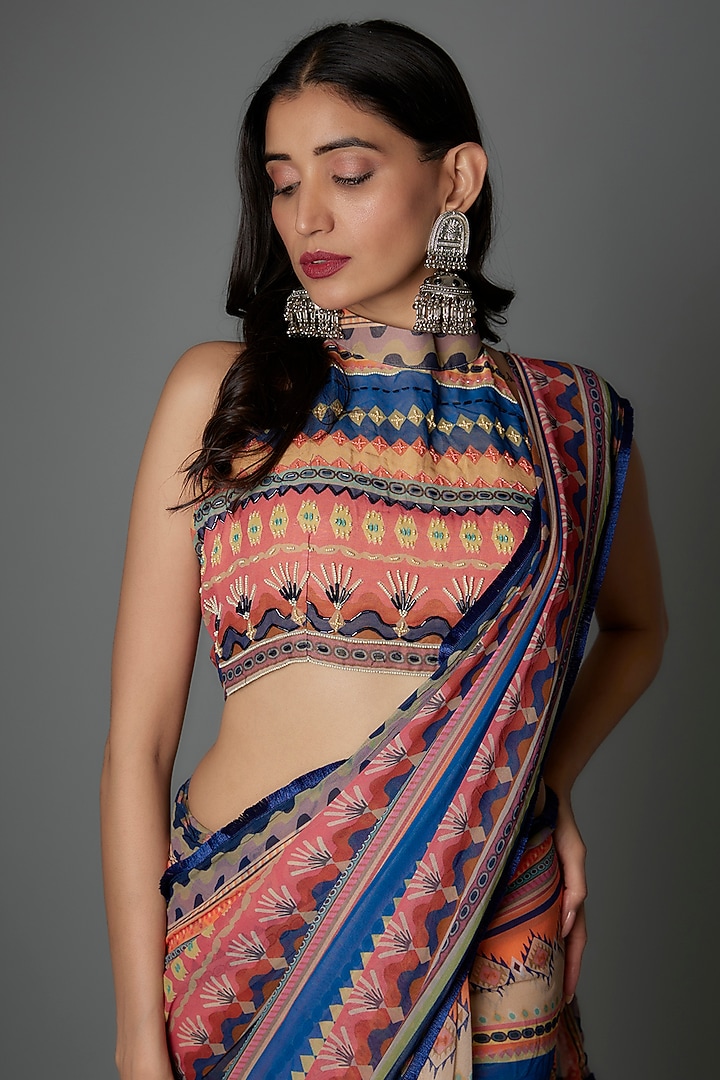 Multi-Colored Georgette Striped Party Wear Saree Set by Saangi at Pernia's Pop Up Shop