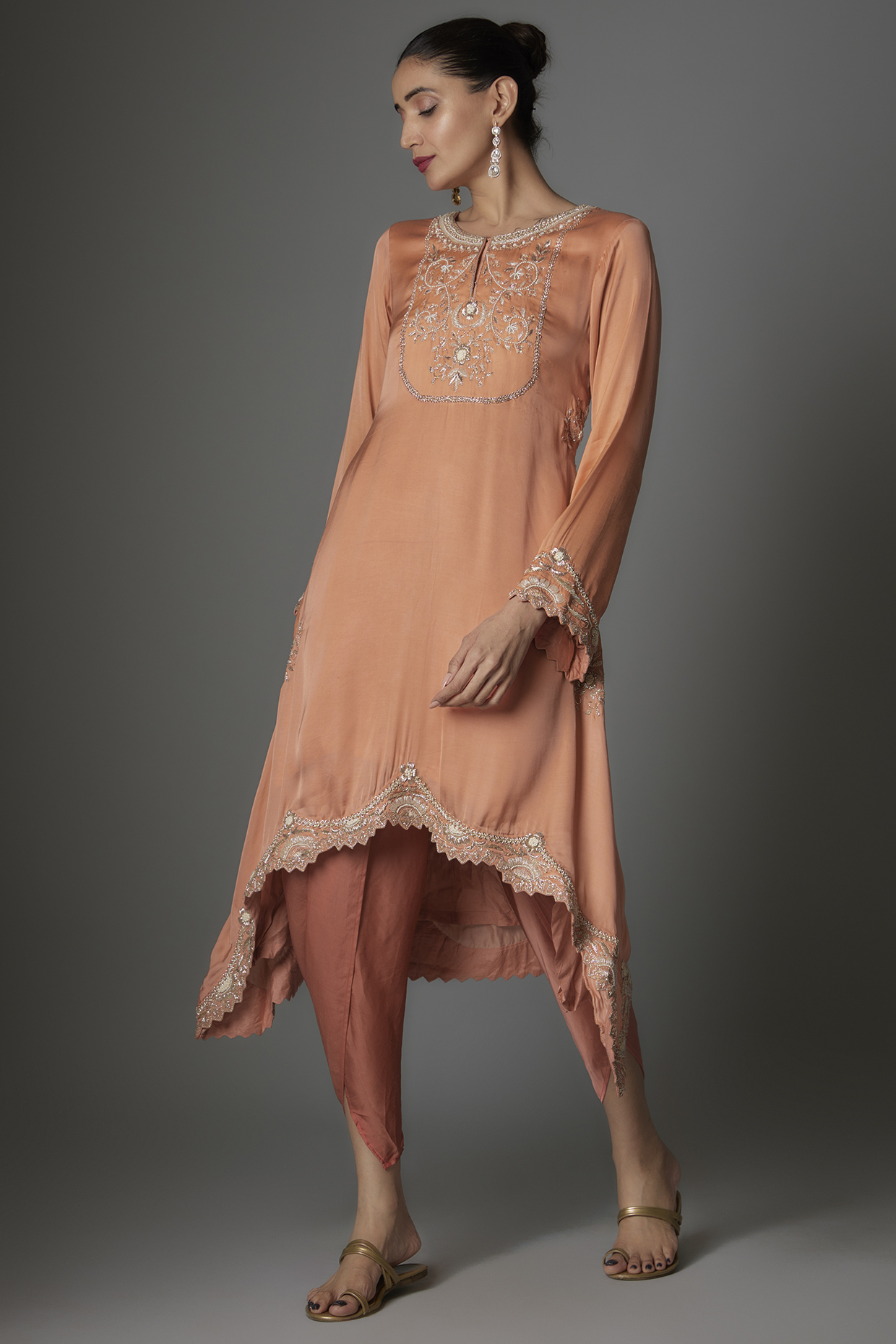 Peach Modal Satin Dhoti Set by Saangi at Pernia's Pop Up Shop