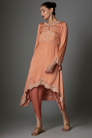 Peach Modal Satin Dhoti Set by Saangi