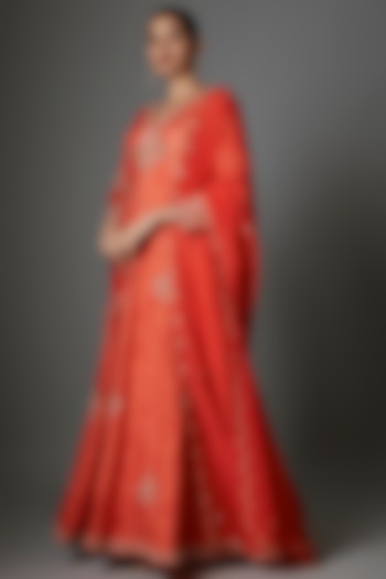 Orange Dola Silk Hand Embroidered Wedding Anarkali Set by Saangi at Pernia's Pop Up Shop
