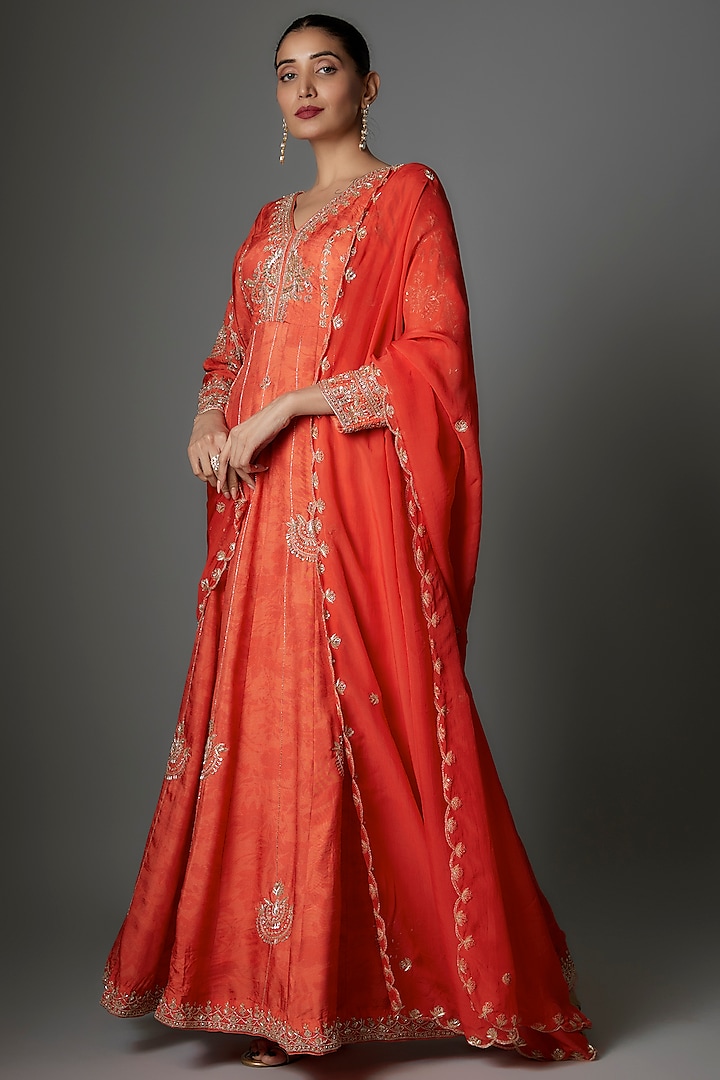 Orange Dola Silk Hand Embroidered Wedding Anarkali Set by Saangi at Pernia's Pop Up Shop