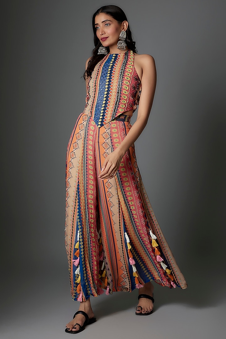 Multi-Colored Georgette Striped Co-Ord Set by Saangi