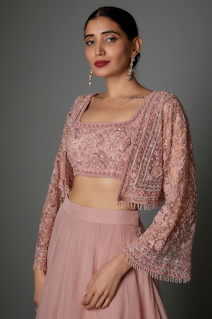 Pink Organza Embroidered Jacket Wedding Lehenga Set by Saangi at Pernia's Pop Up Shop