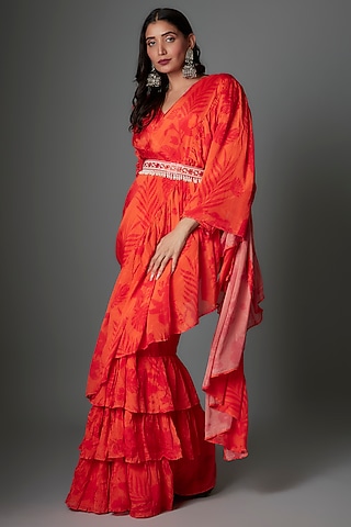 Orange Chinon Floral Printed Saree Set by Saangi
