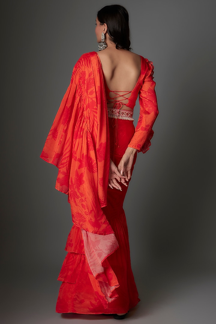 Orange Chinon Floral Printed Party Wear Saree Set by Saangi at Pernia's Pop Up Shop