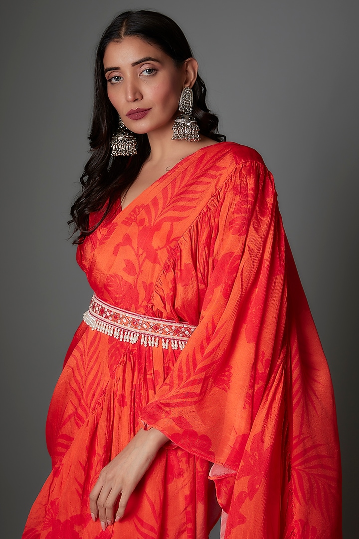 Orange Chinon Floral Printed Party Wear Saree Set by Saangi at Pernia's Pop Up Shop