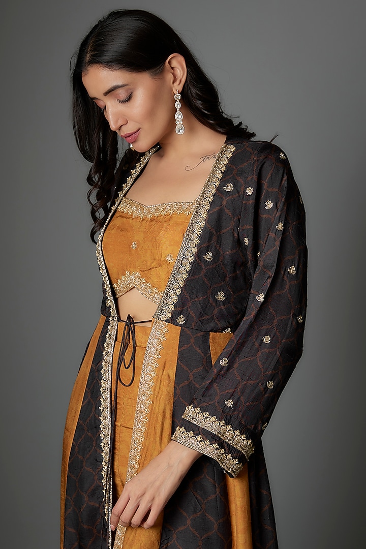 Mustard & Black Dola Silk Hand Embroidered Shrug Set by Saangi at Pernia's Pop Up Shop