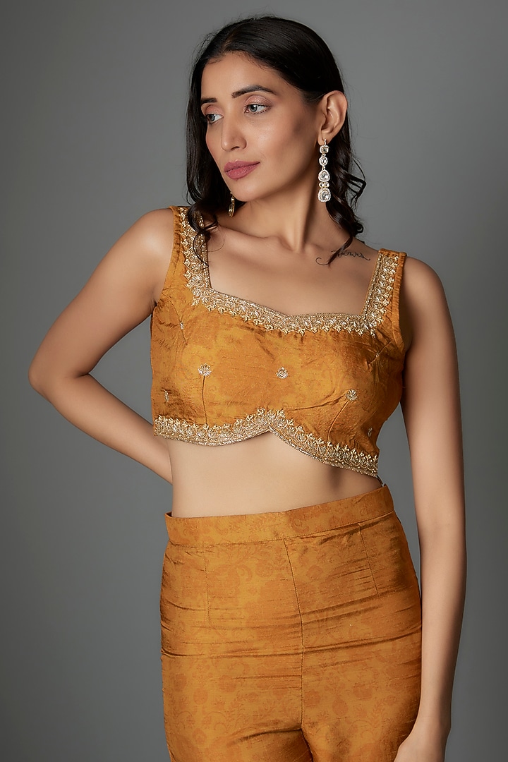 Mustard & Black Dola Silk Hand Embroidered Shrug Set by Saangi at Pernia's Pop Up Shop