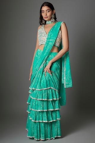 Blue Georgette Marble Printed Draped Ruffled Saree Set by Saangi