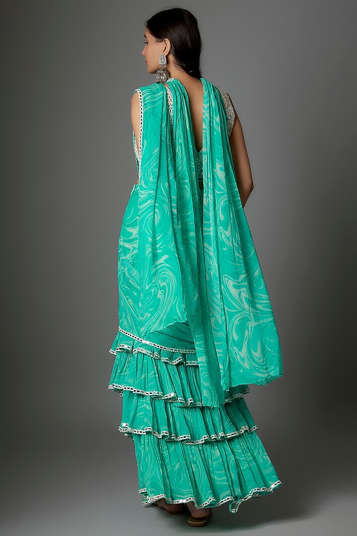 Blue Georgette Marble Printed Draped Ruffled Party Wear Saree Set by Saangi at Pernia's Pop Up Shop