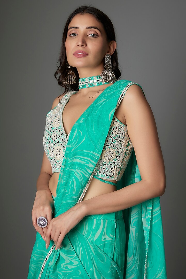 Blue Georgette Marble Printed Draped Ruffled Party Wear Saree Set by Saangi at Pernia's Pop Up Shop
