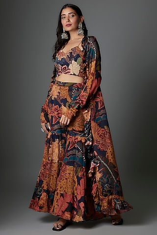 Multi-colored Georgette Tiger Printed Sharara Set by Saangi