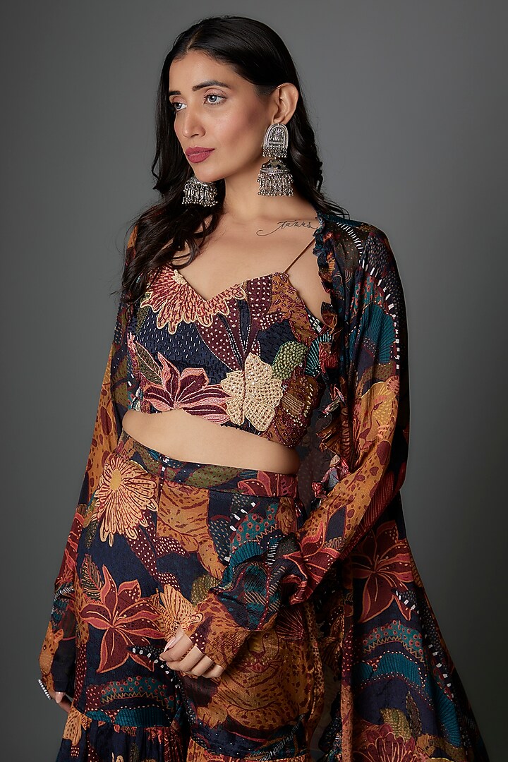 Multi-colored Georgette Tiger Printed Party Wear Sharara Set by Saangi at Pernia's Pop Up Shop