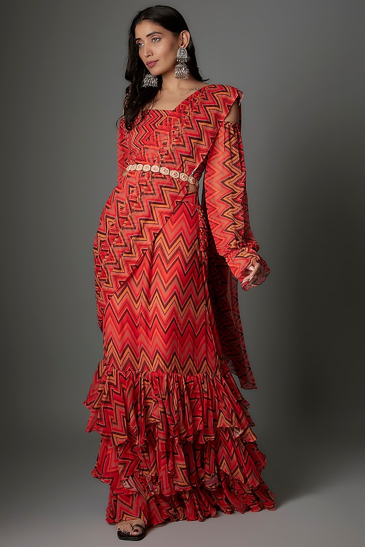 Multi-colored Georgette Pre-Stitched Party Wear Saree Set by Saangi at Pernia's Pop Up Shop