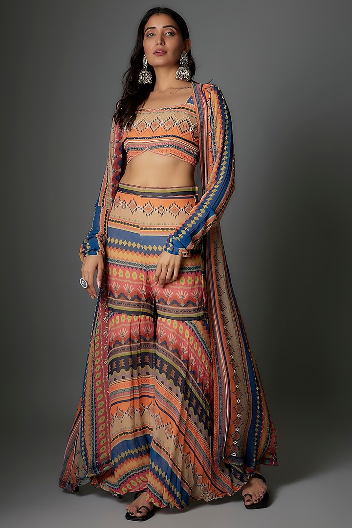 Multi-colored Georgette Stripes Printed Sharara Set by Saangi