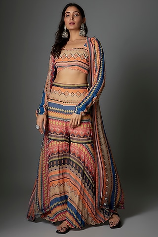 Multi-colored Georgette Stripes Printed Sharara Set by Saangi