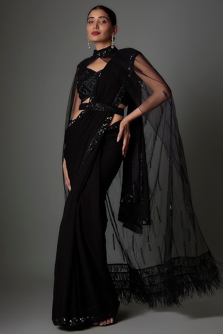 Black Georgette & Net Draped Saree Set by Saangi