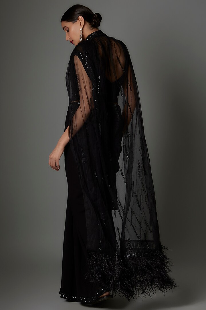 Black Georgette & Net Draped Wedding Saree Set by Saangi at Pernia's Pop Up Shop