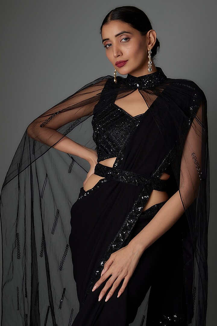 Black Georgette & Net Draped Wedding Saree Set by Saangi at Pernia's Pop Up Shop