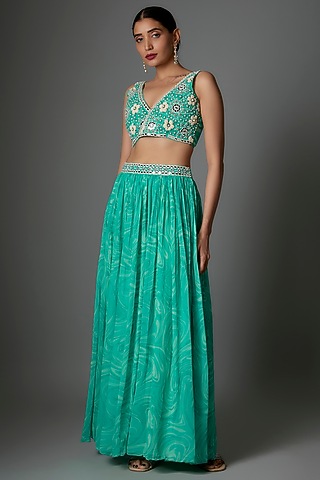 Blue Georgette Marble Printed Lehenga Set by Saangi