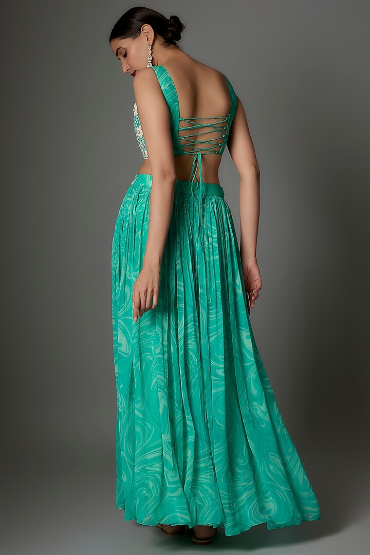 Blue Georgette Marble Printed Lehenga Set by Saangi at Pernia's Pop Up Shop