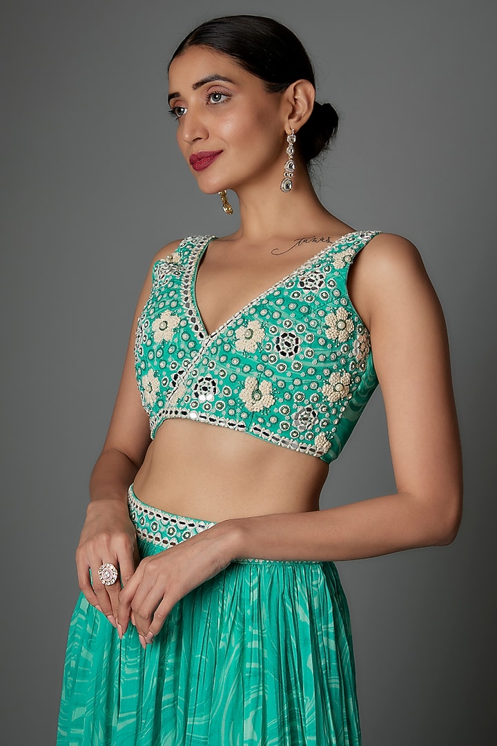 Blue Georgette Marble Printed Lehenga Set by Saangi at Pernia's Pop Up Shop