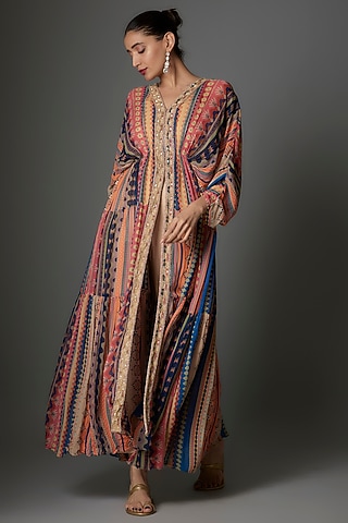 Multi-Colored Georgette Stripes Printed Kaftan Set by Saangi