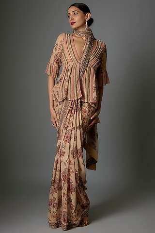 Multi-Colored Georgette Floral Printed Draped Saree Set by Saangi