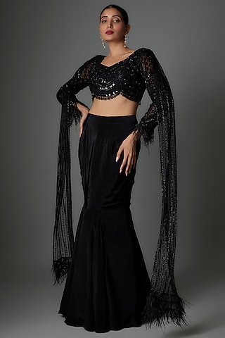 Black Crepe & Net Fish-Cut Lehenga Set by Saangi