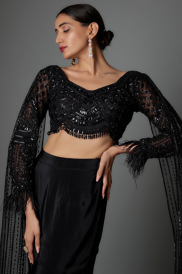 Black Crepe & Net Fish-Cut Wedding Lehenga Set by Saangi at Pernia's Pop Up Shop