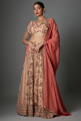 Multi-Colored Georgette Floral Printed Lehenga Set by Saangi
