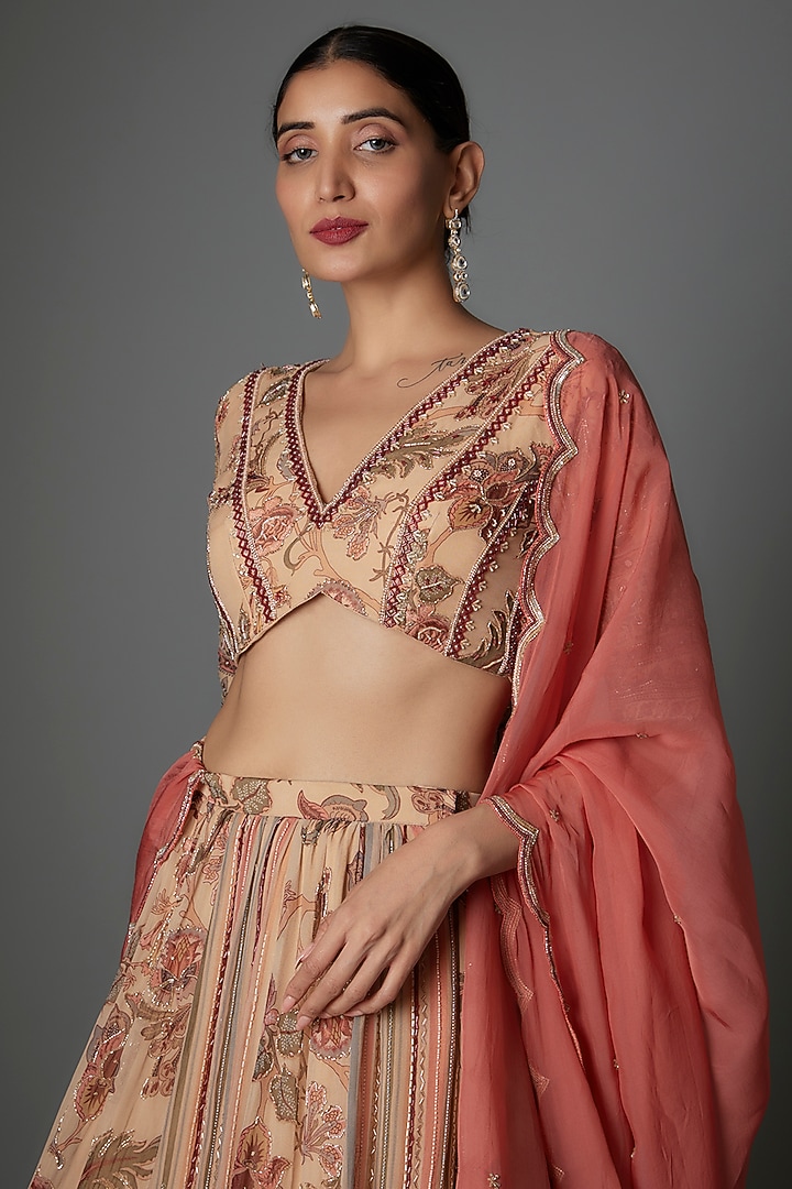 Multi-Colored Georgette Floral Printed Wedding Lehenga Set by Saangi at Pernia's Pop Up Shop