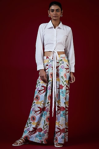 Multi-Colored Fish Printed Palazzo Pant Set by Saangi