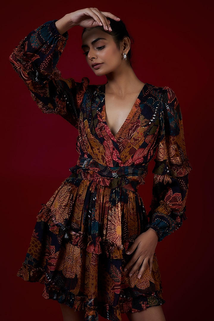 Multi-Colored Chinon Tiger Printed Ruffled Layered Summer Dress by Saangi at Pernia's Pop Up Shop