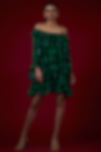 Floral Green Chinon Frilled Summer Dress by Saangi at Pernia's Pop Up Shop