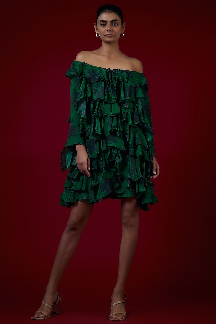Floral Green Chinon Frilled Dress by Saangi