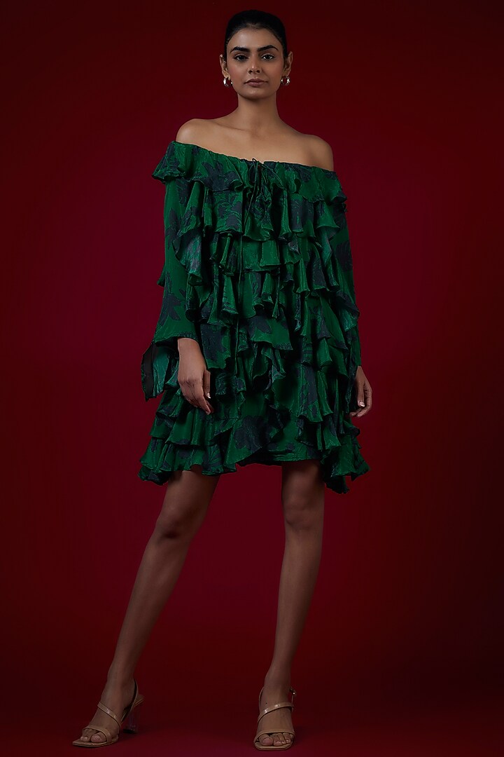 Floral Green Chinon Frilled Summer Dress by Saangi at Pernia's Pop Up Shop