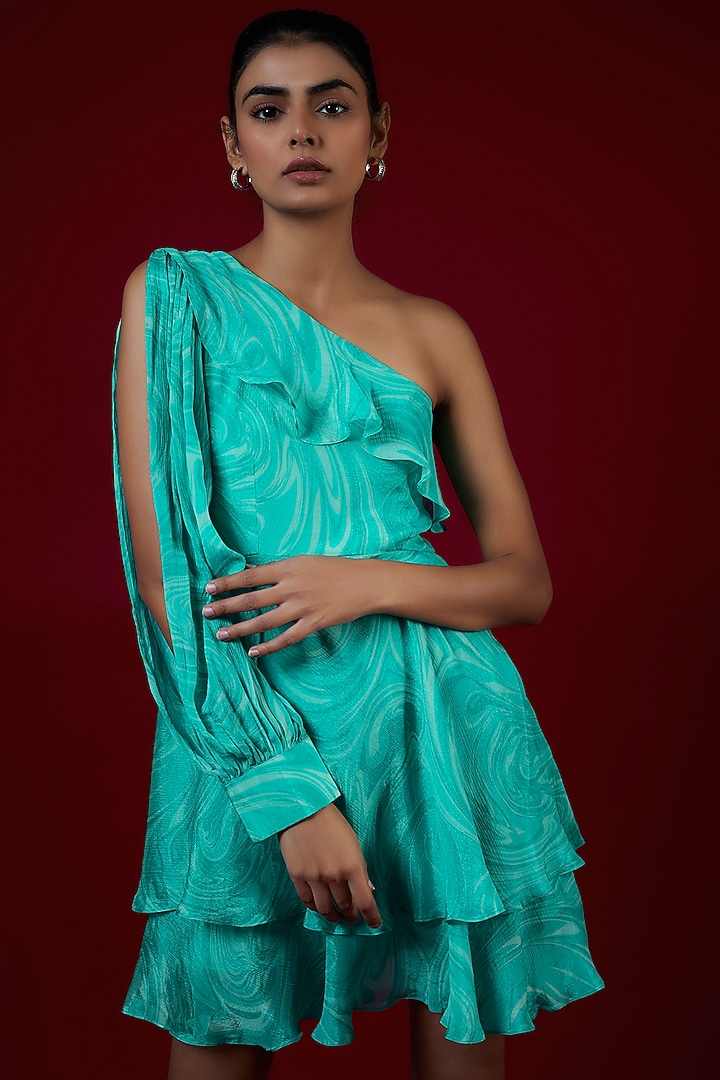 Blue Chinon Marble Printed One-Shoulder Layered Flared Summer Dress by Saangi at Pernia's Pop Up Shop