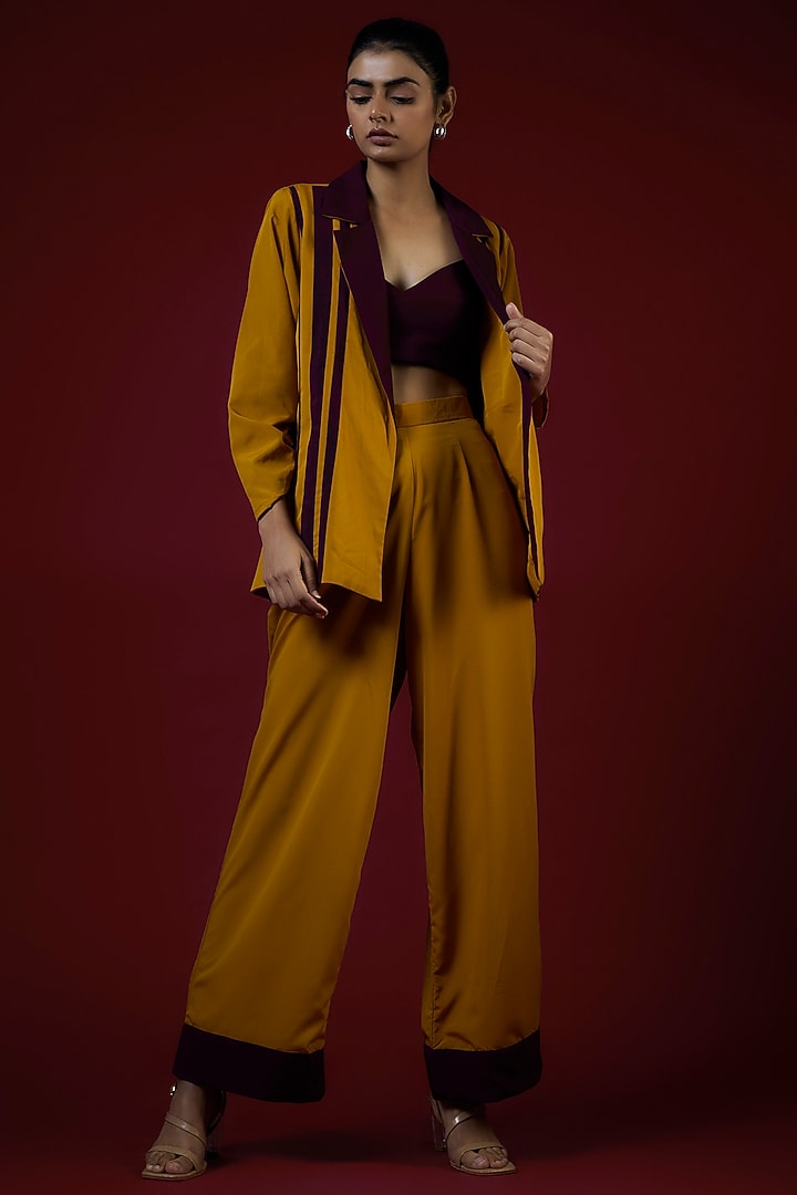 Mustard Yellow Crepe Striped Blazer Set by Saangi at Pernia's Pop Up Shop