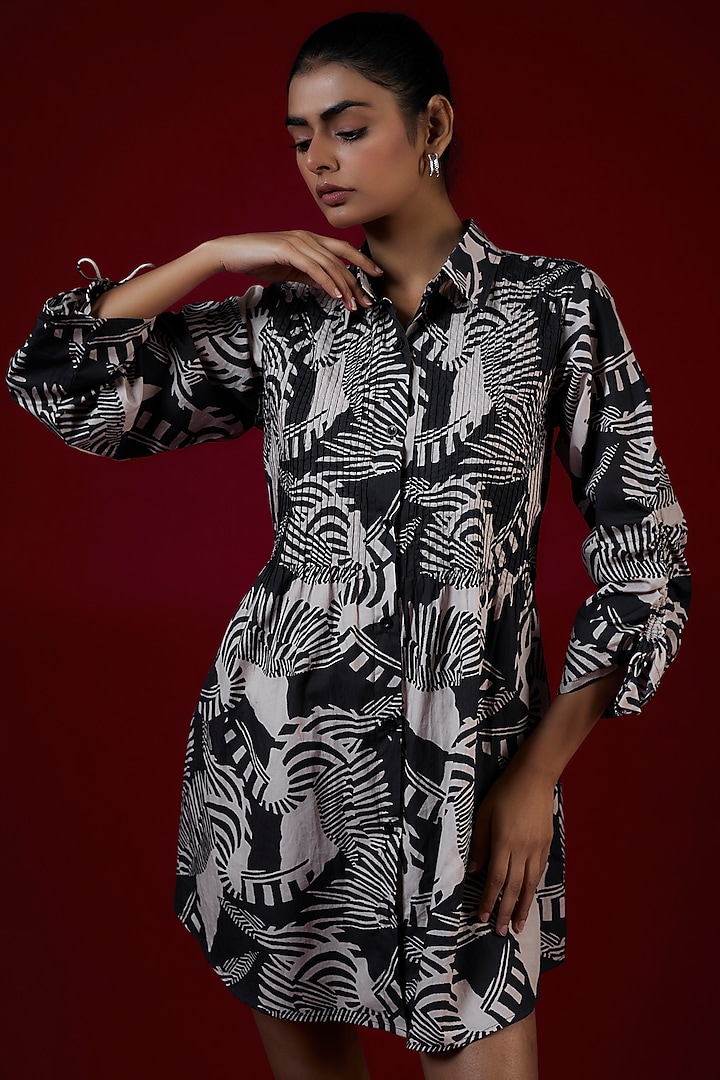 Black & Cream Poplin Zebra Printed Pleated Summer Shirt Dress by Saangi at Pernia's Pop Up Shop