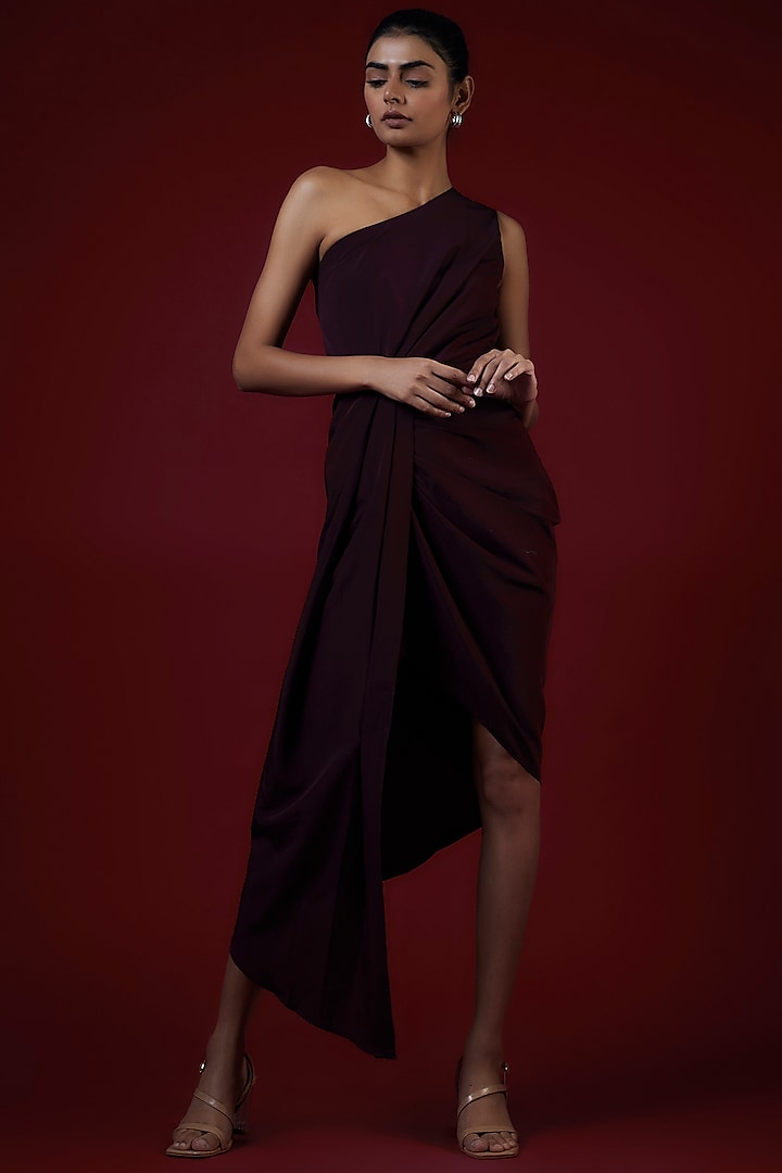 Wine Crepe One-Shoulder Pleated Dress by Saangi