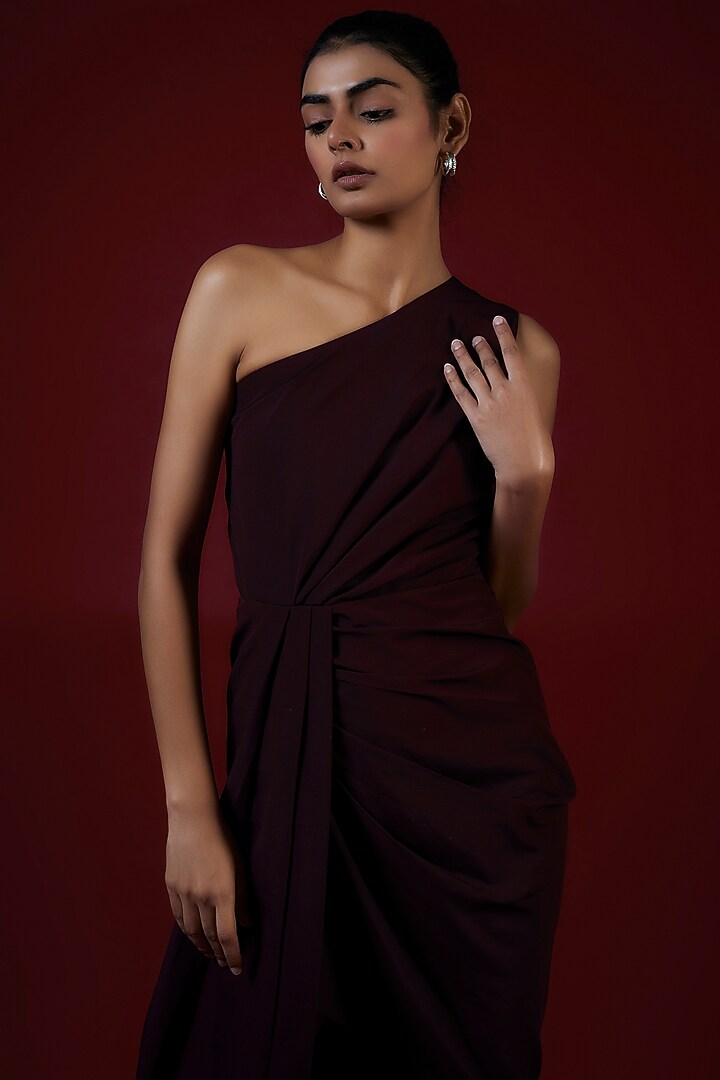 Wine Crepe One-Shoulder Pleated Summer Dress by Saangi at Pernia's Pop Up Shop