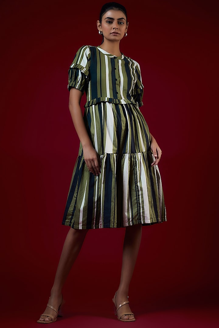 Multi-Colored Twill Cotton Striped & Frilled Dress by Saangi